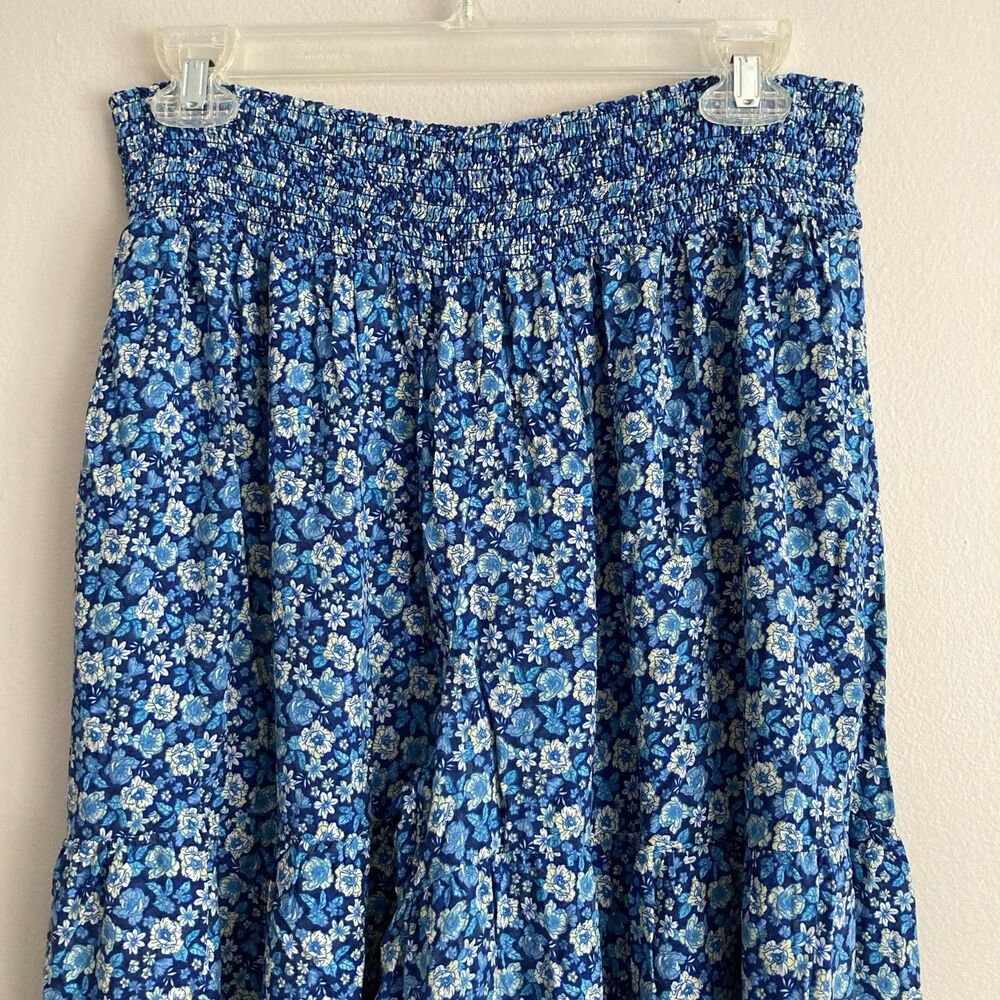 Aerie Smocked Waist Super Wide Leg Party Pants Womens Large Boho Blue Floral - Picture 2 of 7